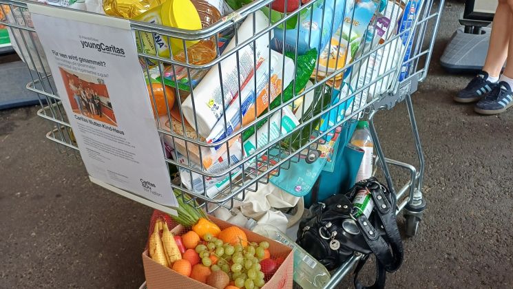 Ein überfüllter Einkaufswagen mit einer Vielzahl von Lebensmitteln, darunter Obst, Getränke und Milchprodukte.