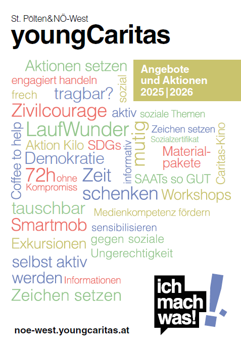 Eine grafische Darstellung der Angebote und Aktionen von youngCaritas für 2025/2026, fokussiert auf soziale Themen und Engagement.