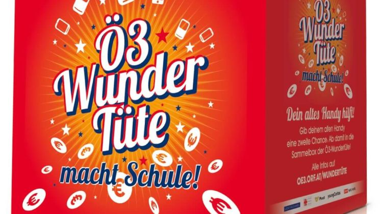 Eine bunte Box von Ö3, die dazu aufruft, alte Handys zu spenden und Schulen zu unterstützen. Slogans und Symbole in lebendigen Farben.