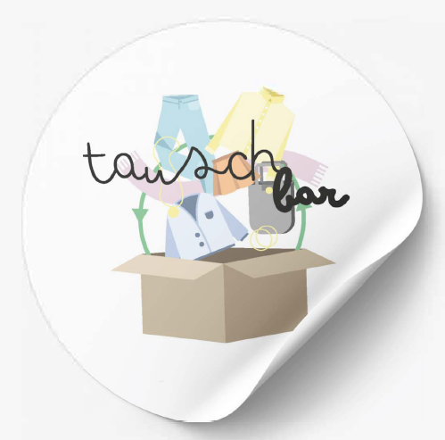 Ein Logo für die Aktion tauschbar, mit einer geöffneten Box voller Kleidung, die das Tauschen symbolisieren.