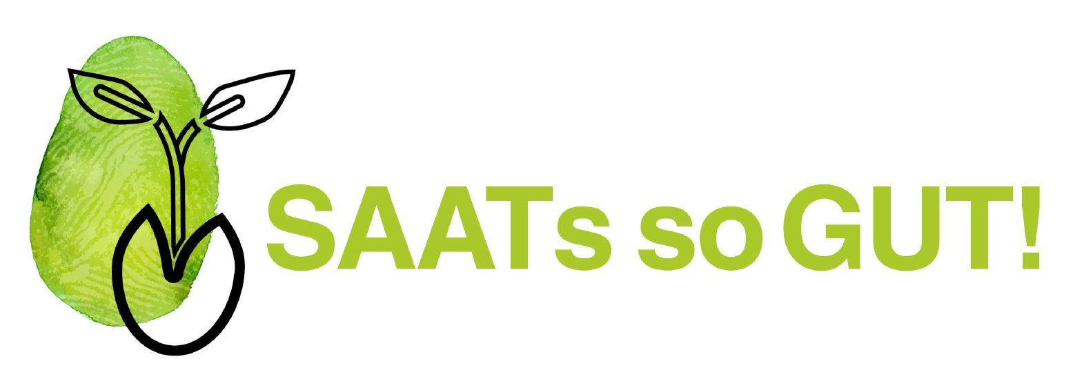Das Bild zeigt ein Pflanzensymbol neben dem Text 'SAATs so GUT!' und vermittelt ein Gefühl von Natur und Wachstum.