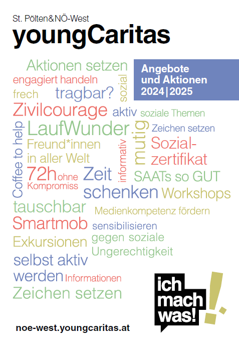 Grafik mit den Themen und Aktionen von youngCaritas St. Pölten & NÖ-West für 2024/2025, die Engagement und soziale Verantwortung betonen.