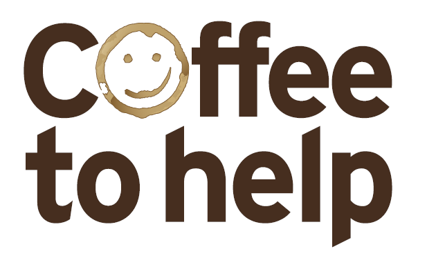 Logo mit dem Text 'Kaffee zur Hilfe' und einem lächelnden Gesicht aus Kaffeefleck, das Unterstützung und Freude symbolisiert.