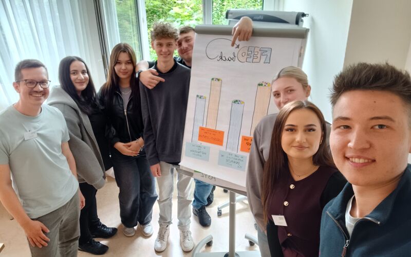 Gruppenfoto von Teilnehmer*innen an einem Workshoptag mit einem Flipchart im Hintergrund, auf dem Ergebnisse präsentiert werden.