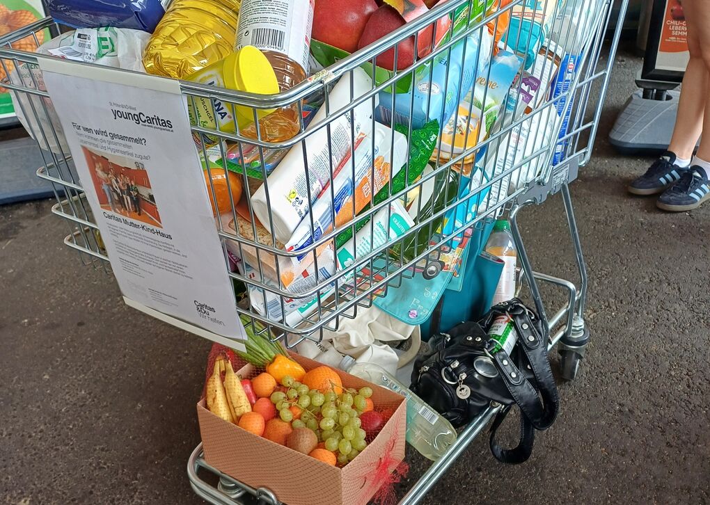 Ein überfüllter Einkaufswagen mit einer Vielzahl von Lebensmitteln, darunter Obst, Getränke und Hygieneartikel.