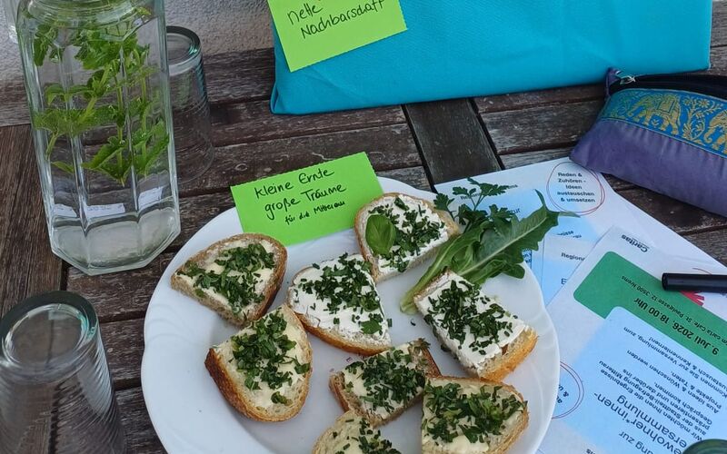 Erste Ernte von dem Beet, Schnitlauchbrote und Minze im Wasser im Glaskrug.