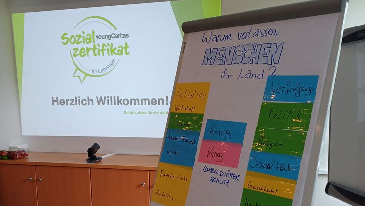 Eine Präsentation mit dem Titel 'Sozialzertifikat' und einem Flipchart, das Gründe zeigt, warum Menschen ihr Land verlassen.