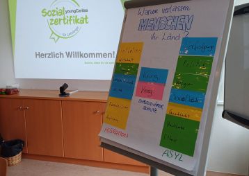 Eine Präsentation mit dem Titel 'Sozialzertifikat' und einem Flipchart, das Gründe zeigt, warum Menschen ihr Land verlassen.