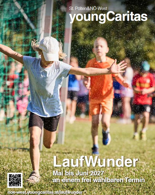 Die Titelseite des LaufWunder-Folders mit einem Mädchen das läuft und dabei von leichtem nieselndem Wasser besprüht wird