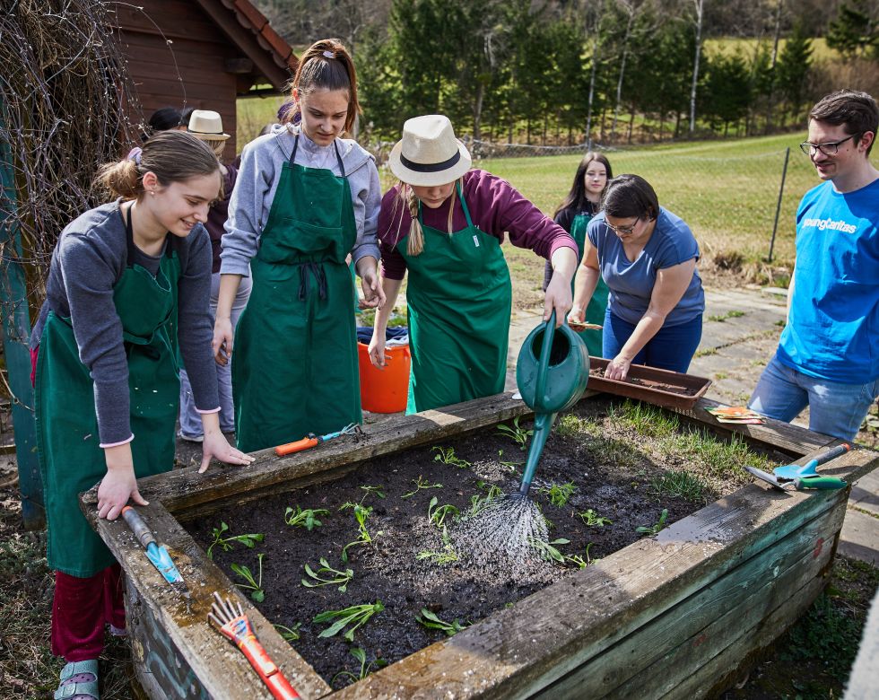 Eine Gruppe von Menschen, die gemeinsam einen Garten pflegt. Sie gießen Pflanzen und arbeiten im Hochbeet.