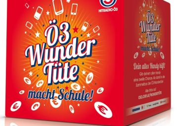 Eine bunte Box von Ö3, die dazu aufruft, alte Handys zu spenden und Schulen zu unterstützen. Slogans und Symbole in lebendigen Farben.