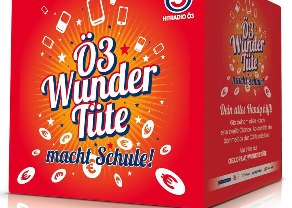 Eine bunte Box von Ö3, die dazu aufruft, alte Handys zu spenden und Schulen zu unterstützen. Slogans und Symbole in lebendigen Farben.