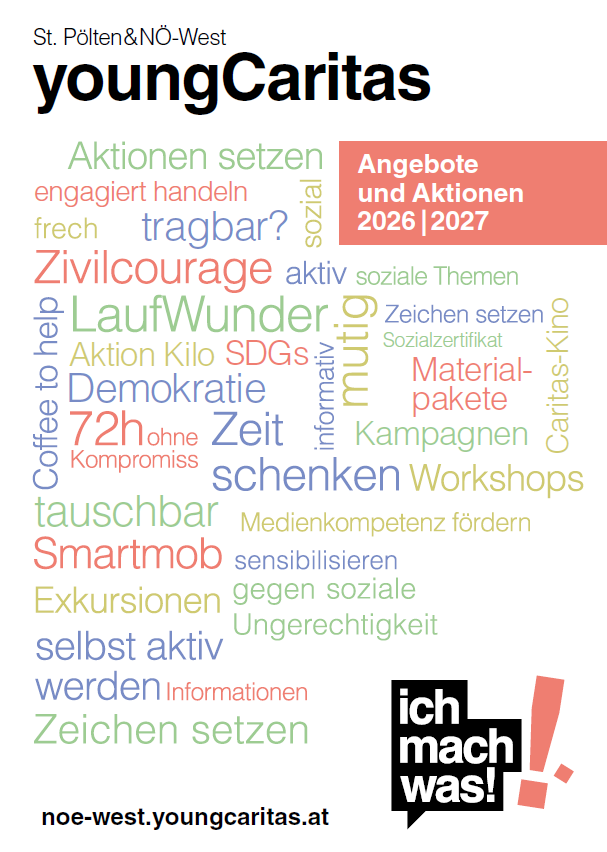 Eine grafische Darstellung der Angebote und Aktionen von youngCaritas St. Pölten & NÖ-West für 2025/2026.